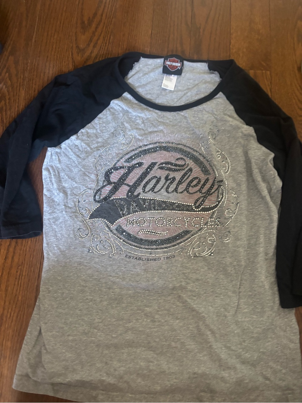 Harley Davidson motorcycles top 3/4 sleeve shirt with bling - grey/black